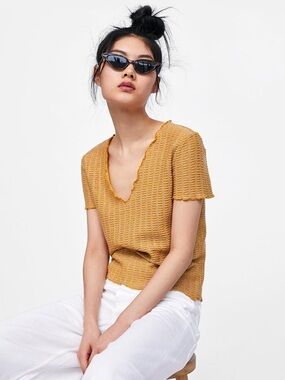 Zara Mustard Textured V-Neck Short Sleeve Top